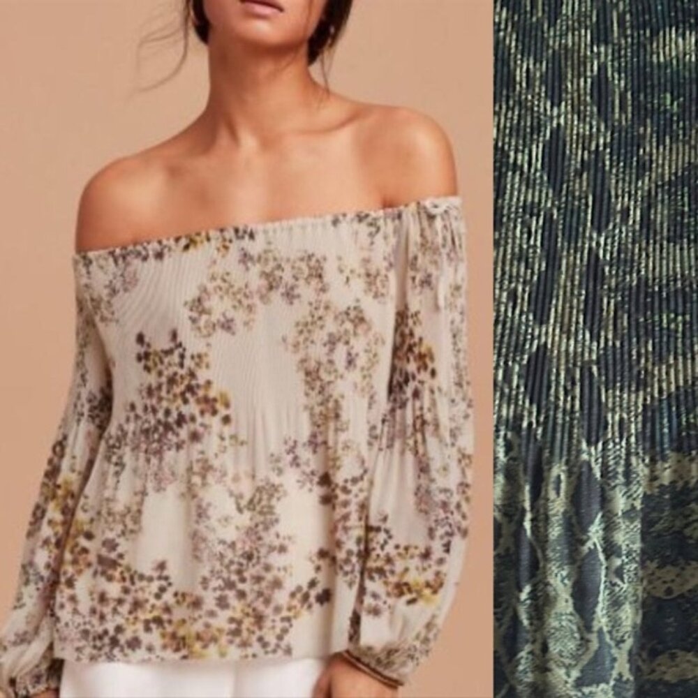Aritzia Wilfred Sz S Talence Green Snake Print Off The Shoulder Puff Blouse